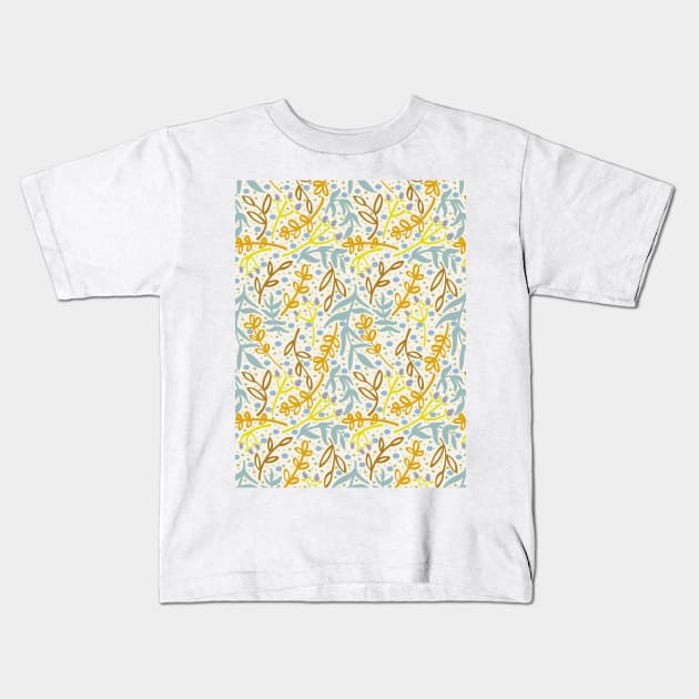 Botanicals and Dots - Hand drawn Design - Light Blue, Orange, Yellow Kids T-Shirt by GenAumonier